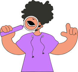 The guy is holding a magnifying glass in his hands. Search for information. Retro style character.