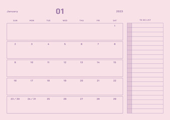 January 2023 simple design digital and printable calendar template illustration. Notes, scheduler, diary, calendar, memo, planner document template background. 
