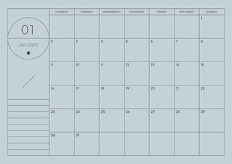 January 2023 simple design digital and printable calendar template illustration. Notes, scheduler, diary, calendar, memo, planner document template background. 