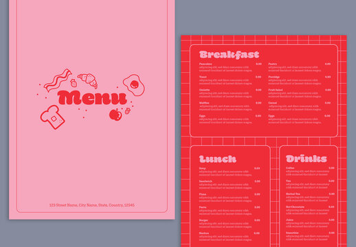 Pink and Red Menu with Illustrations