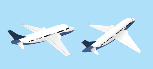 Airplanes isolated above view set flat vector. Two flying airplanes view from side and behind.