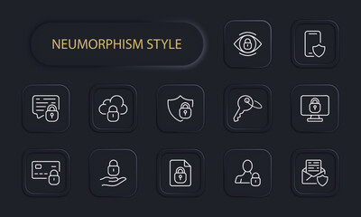 Lock icon set. Shield, security, antivirus, protection, data protection system, cloud saving, mail protection. Security concept. Neomorphism style. Vector line icon for Business