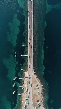 Bird's-eye view of the izmir Urla Quarantine Island road and the sea taken by drone