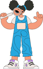 The girl is holding a magnifying glass. Search for the necessary information on the Internet. Retro style character.