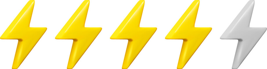 Set of yellow lightning bolts isolated on white background. The concept of the game, mobile application.