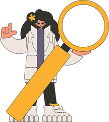 The girl is holding a magnifying glass. Search for information. Linear retro style character.