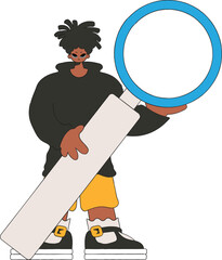 The man is holding a magnifying glass. Search for the necessary information on the Internet. Retro style character.
