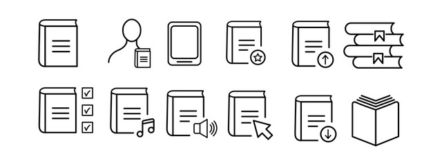 Book icon set. Reading, page, knowledge, library, paper, writer, history, printing, literature. Education concept. Vector line icon on white background