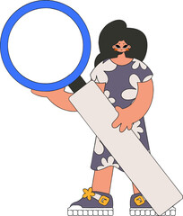 The girl is holding a magnifying glass. Search for information. Linear retro style character.