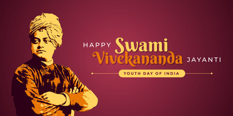 A poster layout template of Happy Swami Vivekananda Jayanti. A celebration of Youth Day of India typography with graphic mnemonic, illustration, celebrate, unit, logo, graphic drawing, outline sketch  - obrazy, fototapety, plakaty