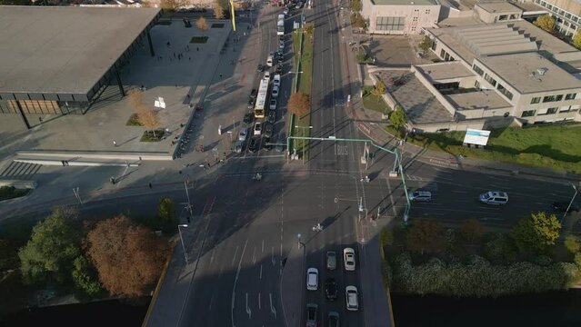 Motorcade through the city center berlin. Smooth aerial view flight drone