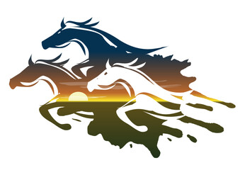 Fototapeta premium Three running horses, sunset landscape. Silhouettes of horses running on the background of the setting sun. Isolated on white background. Vector available.