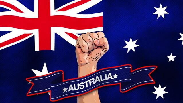 Video animation of the australia flag in motion, with fists and banners