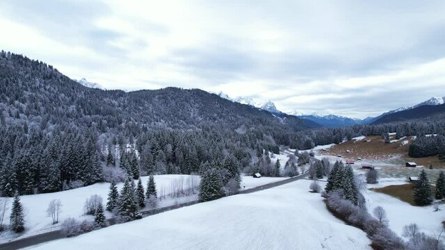 DRONE FOOTAGE: The Wetterstein mountains, is a mountain group in the Northern Limestone Alps within the Eastern Alps. It is a comparatively compact range along the border between Germany and Austria.
