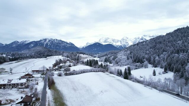 DRONE AERIAL FOOTAGE: The Karwendel mountains, the largest mountain range of the Northern Limestone Alps, near Garmisch-Partenkirchen and Mittenwald, Krun, Bavaria, Germany.