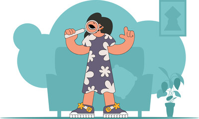 Concept Finding the necessary information on the Internet. The man is holding a magnifying glass. Retro style character.