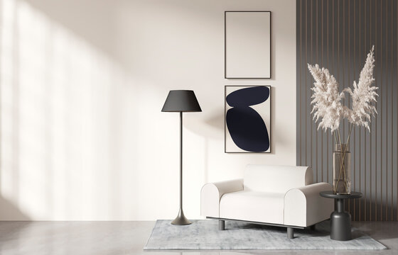 mock up poster frame in modern interior background, living room, Contemprorary style, 3D render, 3D illustration	