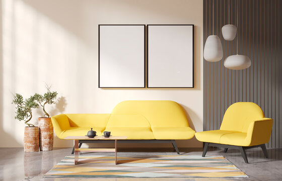 mock up poster frame in modern interior background, living room, Contemprorary style, 3D render, 3D illustration	
