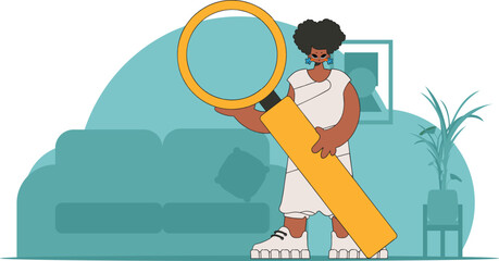 Concept Finding the necessary information on the Internet. A man holds a magnifying glass in his hands. Linear retro style character.