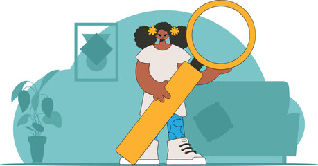Concept Finding the necessary information on the Internet. A man holds a magnifying glass in his hands. Retro style character.