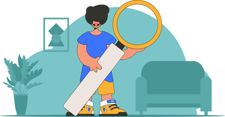 Concept Finding the necessary information on the Internet. The man is holding a magnifying glass. Linear retro style character.