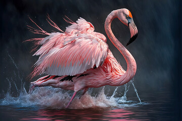 Pink flamingo dancing in the water. Digital art	