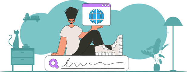 The concept of searching for information. The guy sits on the search bar and holds a browser window in his hands. Retro style character.