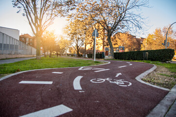 Bicycle path drawn on the asphalt road. Lanes for cyclists. 