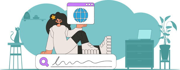 The concept of searching for information. A woman sits on the search bar and holds a browser window in her hands. Linear retro style character.