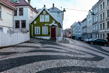 Bergen Scandinavian Architecture. Traditional decorated residential houses in the old part of Bergen. Vestland, Norway. 