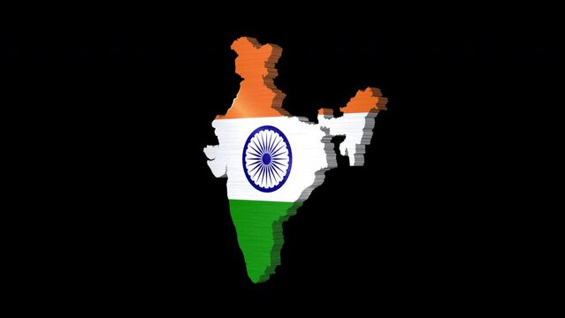 3D animation of India map rotating, isolated by alpha channel (transparent background). India concept.Indian flag.Travel to India