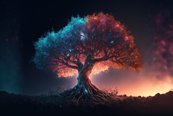 Naklejka na ściany i meble divine tree with glitter glow light, tree of the universe, tree of life, Generative Ai