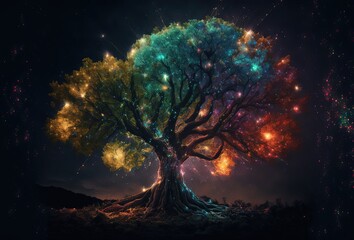 Obraz premium divine tree with glitter glow light, tree of the universe, tree of life 