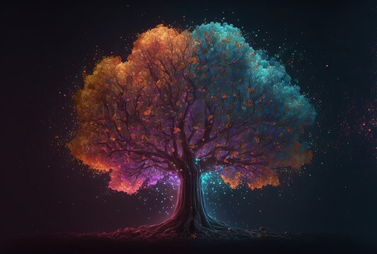 divine tree with glitter glow light, tree of the universe, tree of life	
