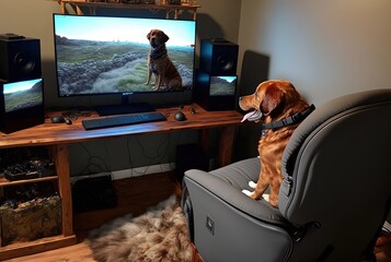 illustration of a cute dog watching program on computer monitor at house 