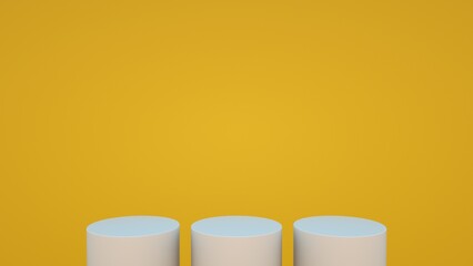 Abstract geometric white podiums on a yellow background. Plastic 3D render