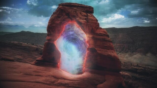 Dimensional Portal Magnetic Field Desert Rock Formation Vortex Wormhole Zoom In. Desert rock formation with a portal to another dimension. Surreal magnetic field background, zoom in