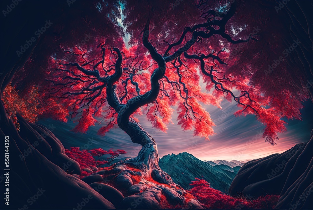 Wall mural illustration of beautiful japanese maple tree with nature background