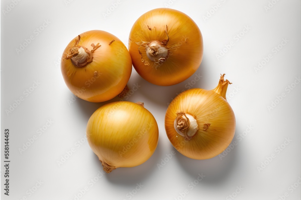 Poster a group of onions sitting on top of a white table next to each other on top of a white table top wit