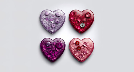 Fototapeta premium Valentine´s day, copy space, space for your text, cute glass hearts with structures, beautiful hearts collections, illustration, generated art