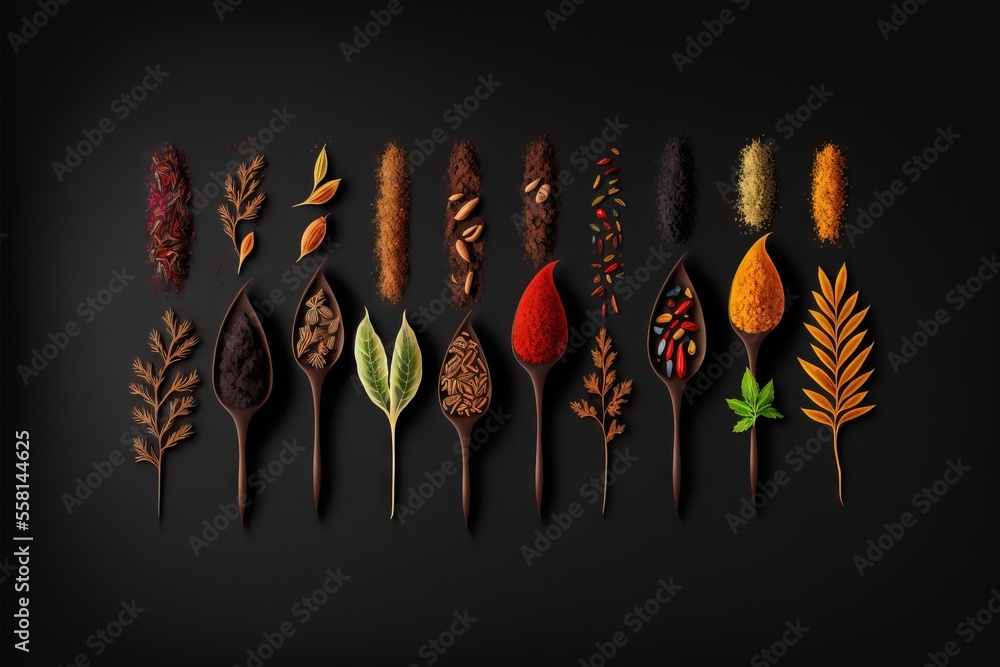 Poster a group of spoons with different types of spices on them, all lined up in a row, on a black backgrou