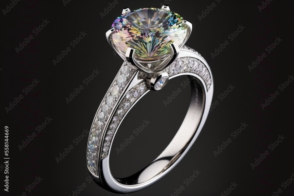 Poster a diamond ring with a center stone surrounded by white and multicolored diamonds on a black backgrou