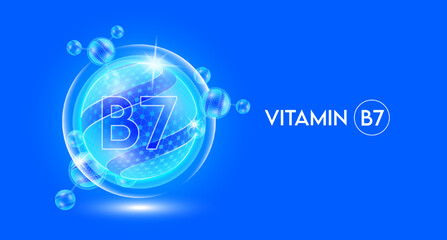 Vitamin B7 and bubble atom molecule collagen serum chemical formula shield protection skin. Skincare anti age nutrition supplement multivitamin complex. On blue background. 3D vector.