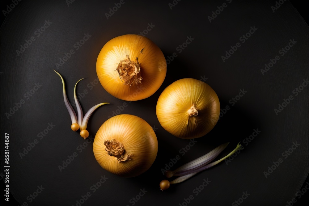 Aufkleber a group of onions sitting on top of a black table next to a knife and onion peels on a black table t