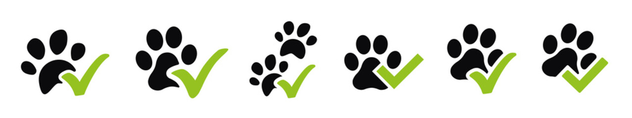 Paw footprint with a green tick approved - obrazy, fototapety, plakaty