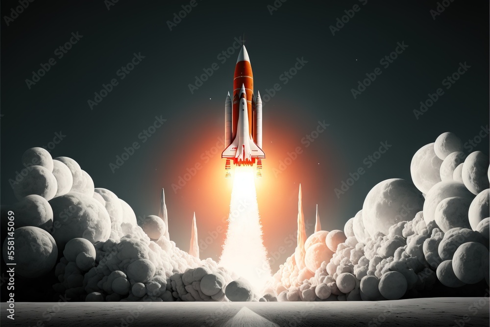 Poster a space shuttle taking off into the sky with clouds and rocks around it and a bright orange light co