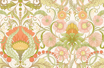 Fototapeta na wymiar Decorative flowers and leaves in art nouveau style, vintage, old, retro style. Seamless pattern, background. Vector illustration.
