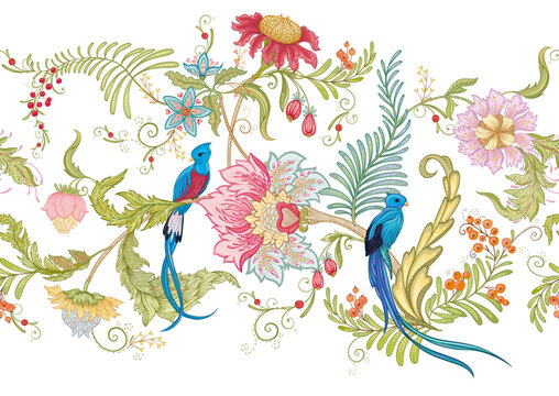 Fantasy flowers with bird of paradise quezal, in retro, vintage, jacobean embroidery style. Seamless border pattern, linear ornament, ribbon Vector illustration.