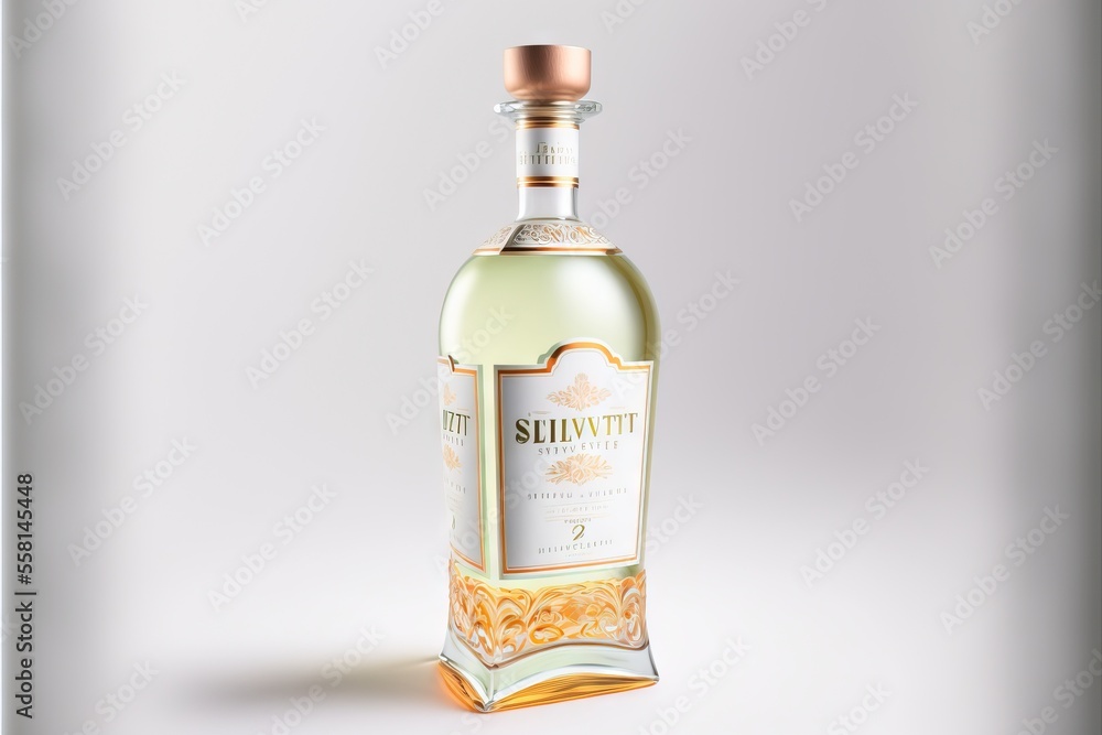 Poster a bottle of wine is shown on a white background with a gold trim around the top of the bottle and a 