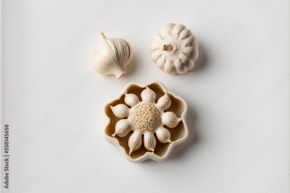 Aufkleber three different types of garlic on a white surface with one garlic in a bowl and one garlic in a bow